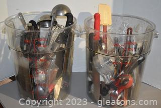 Two 22qt Measuring/Ice Bucket and Cooking Utensils & Knives 